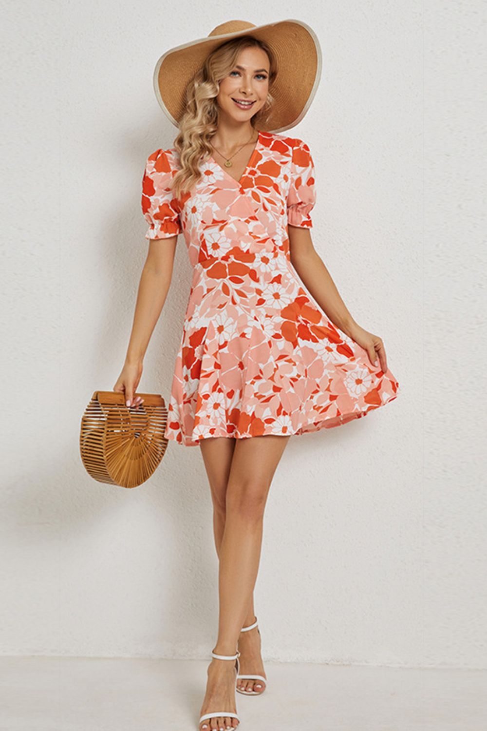 Floral Surplice Neck Flounce Sleeve Dress - SHIRLYN.CO