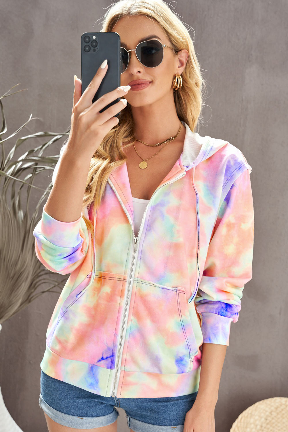 Tie-Dye Drawstring Detail Zip Up Hooded Jacket - SHIRLYN.CO