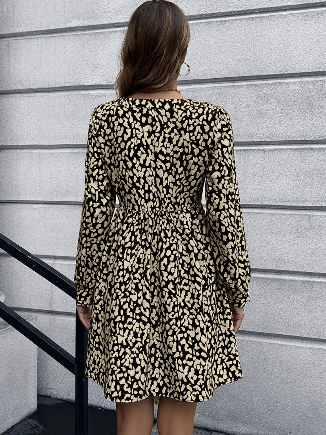 Animal Print Buttoned V-Neck Long Sleeve Dress - SHIRLYN.CO