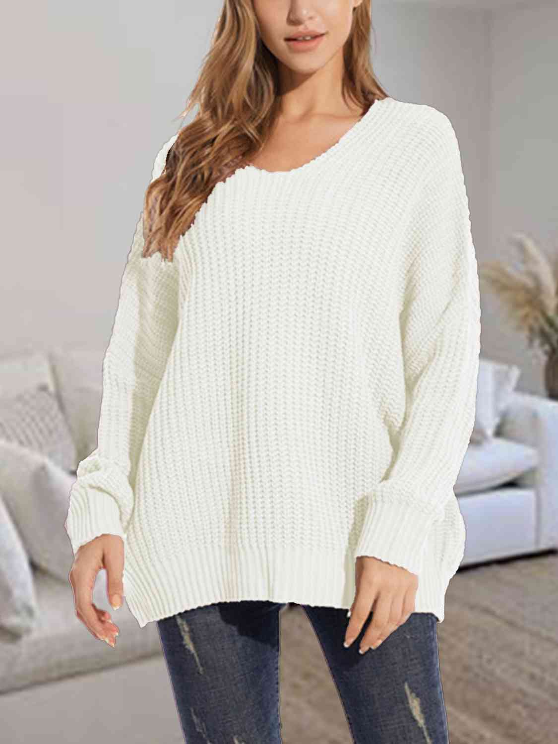 V-Neck Batwing Dropped Shoulder Sweater