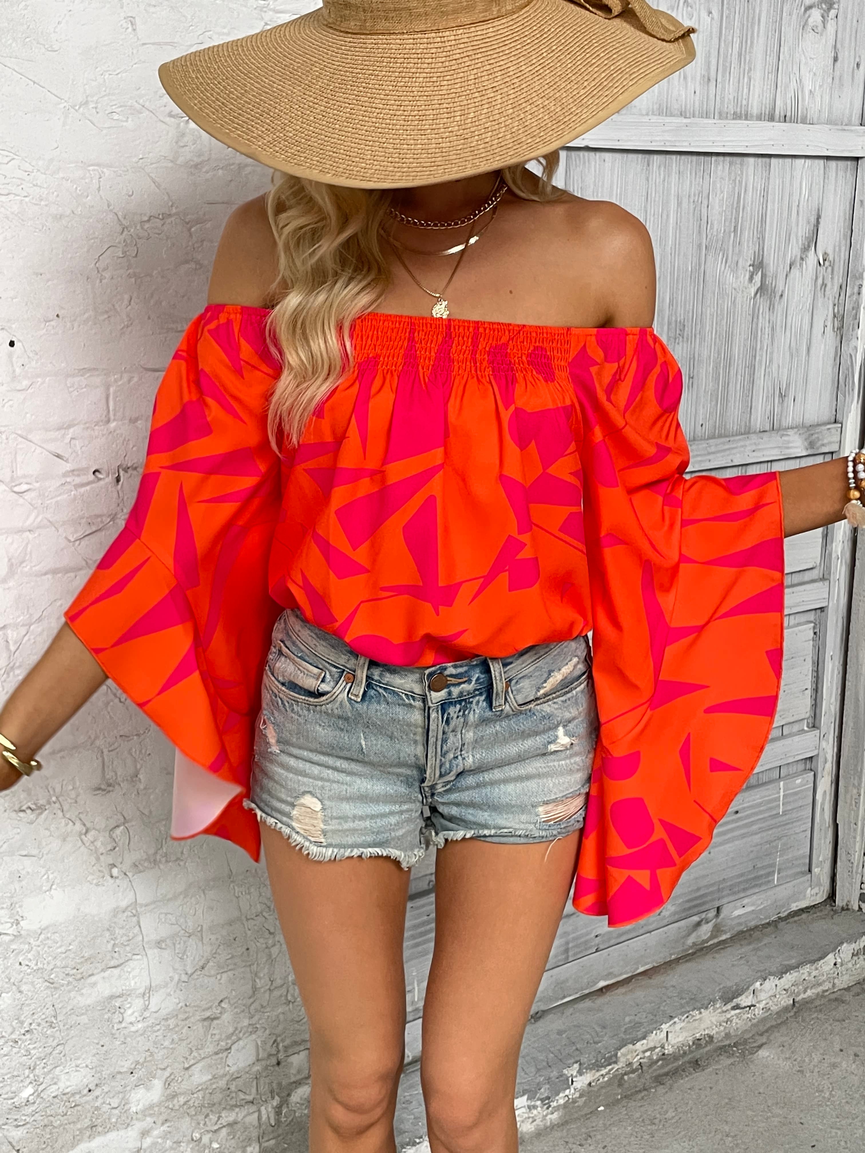 Printed Off-Shoulder Bell Sleeve Blouse - SHIRLYN.CO