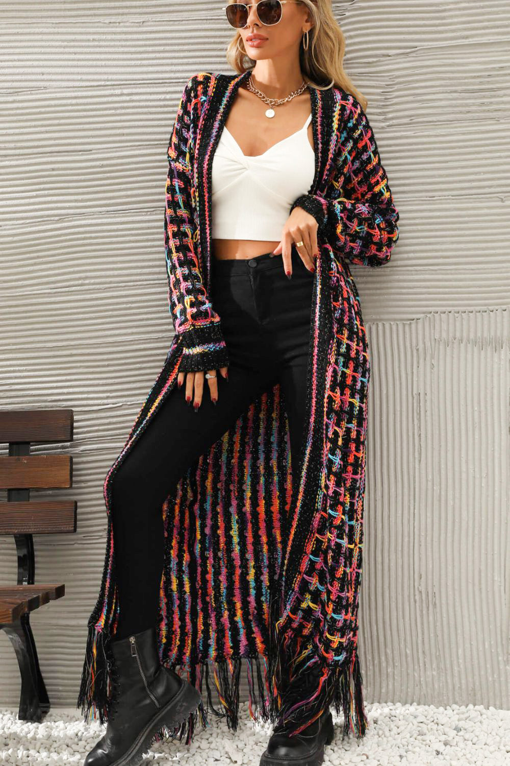 Multicolored Open Front Fringe Hem Cardigan - SHIRLYN.CO