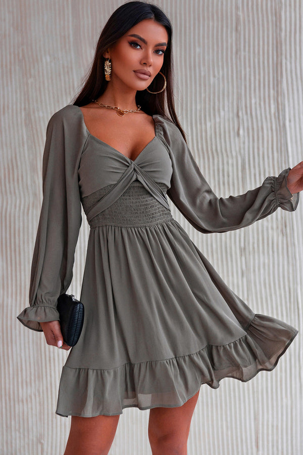 Smocked Long Flounce Sleeve Ruffle Hem Dress - SHIRLYN.CO