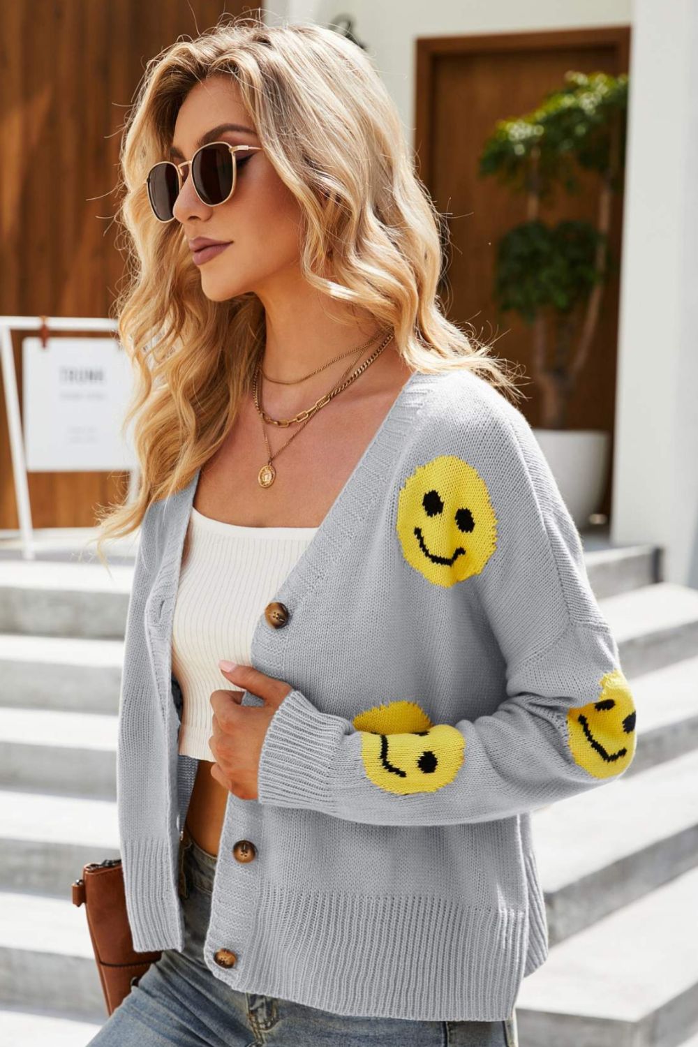 Smiley Face Ribbed Trim V-Neck Cardigan - SHIRLYN.CO