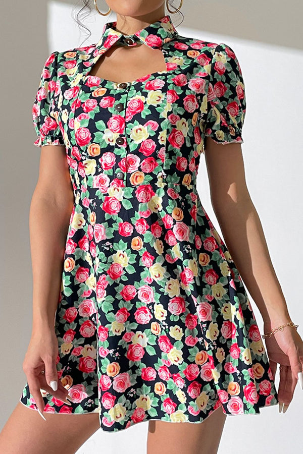 Floral Buttoned Cutout Puff Sleeve Dress - SHIRLYN.CO