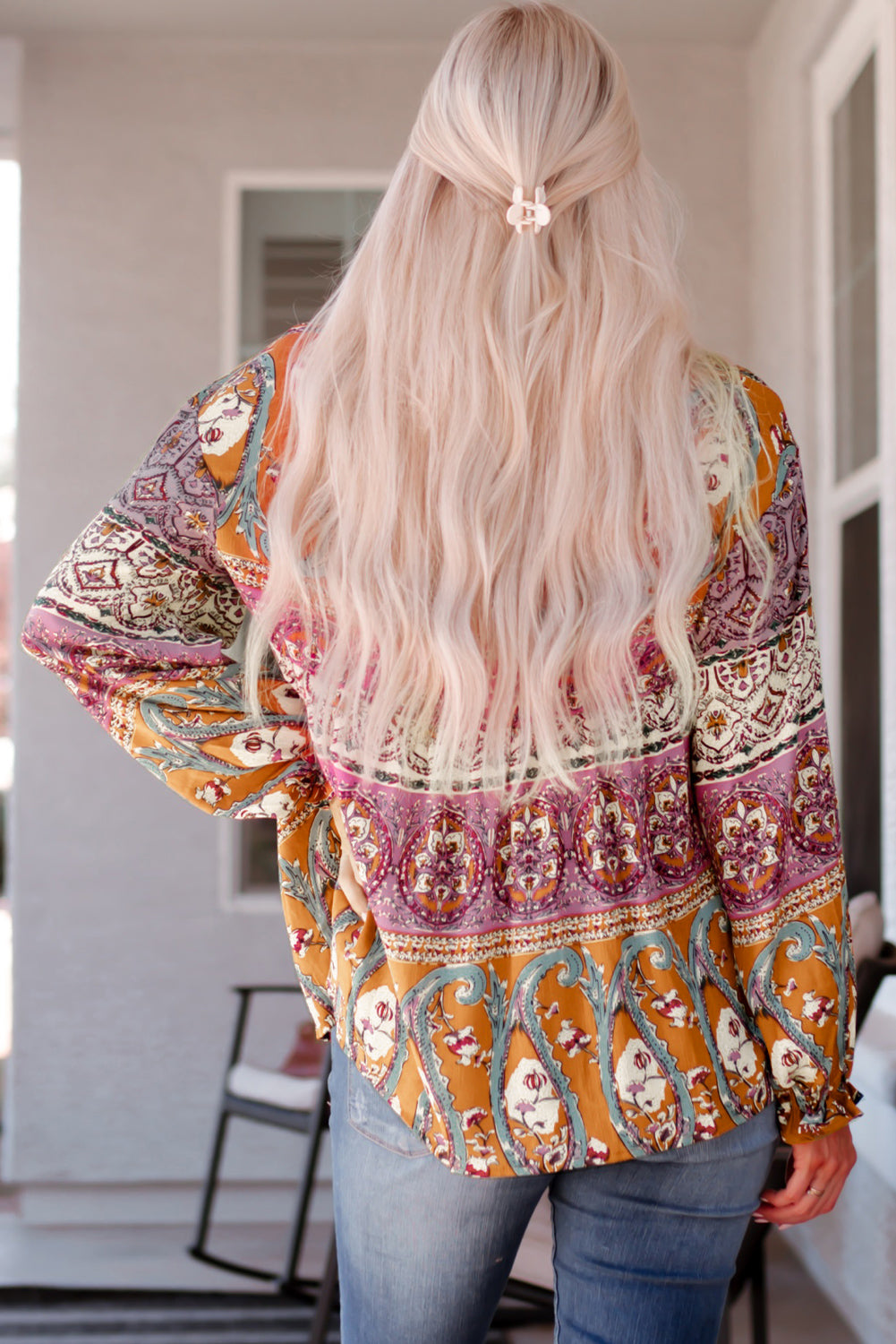 Bohemian Long Flounce Sleeve V-Neck Blouse - SHIRLYN.CO