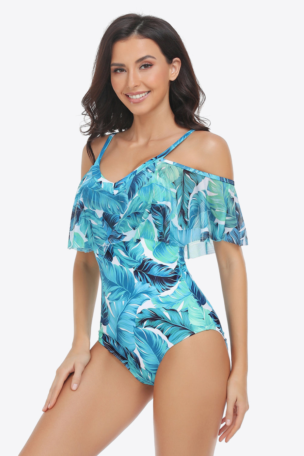 Botanical Print Cold-Shoulder Layered One-Piece Swimsuit - SHIRLYN.CO