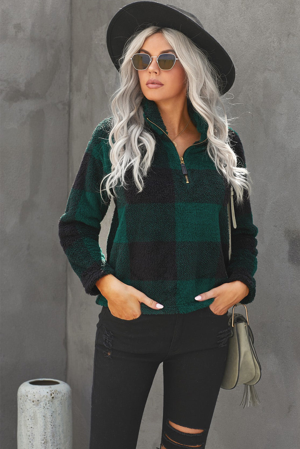 Plaid Zip Collar Plush Pullover Sweatshirt - SHIRLYN.CO