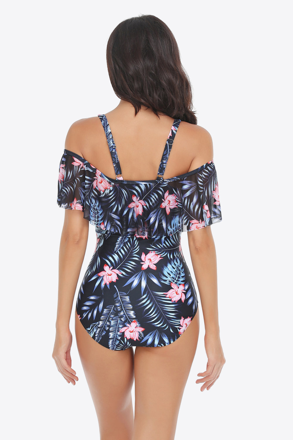 Botanical Print Cold-Shoulder Layered One-Piece Swimsuit - SHIRLYN.CO