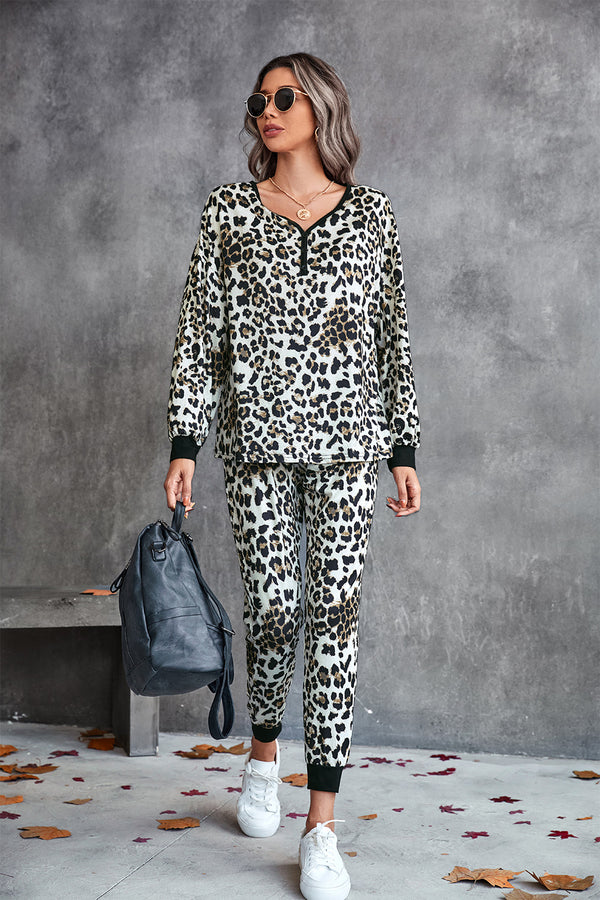 Leopard V-Neck Dropped Shoulder Loungewear Set - SHIRLYN.CO