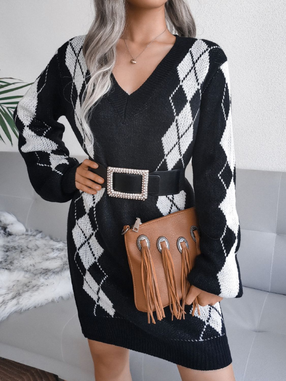 Argyle V-Neck Ribbed Trim Sweater Dress