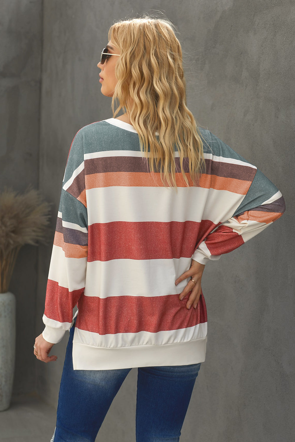 Multicolored Striped Lace-Up Dropped Shoulder Sweatshirt - SHIRLYN.CO