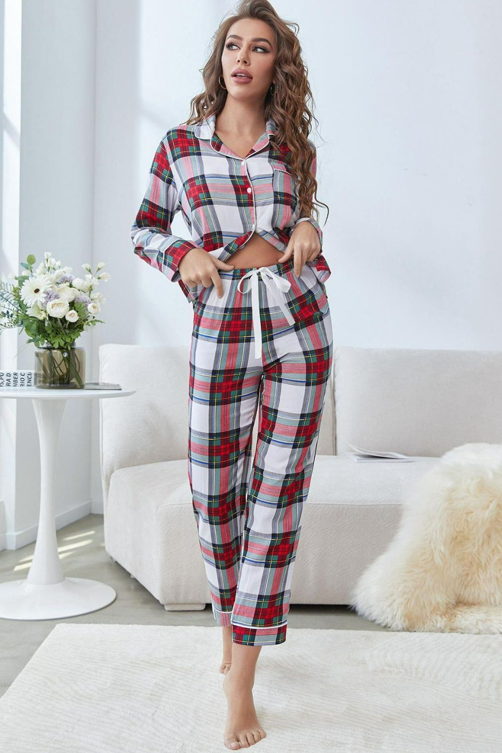 Plaid Button Front Top and Pants Lounge Set - SHIRLYN.CO