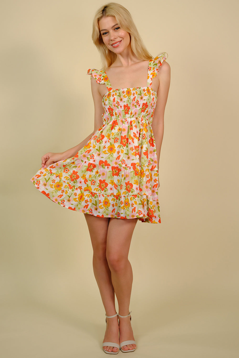 Floral Smocked Square Neck Mini Dress - SHIRLYN.CO