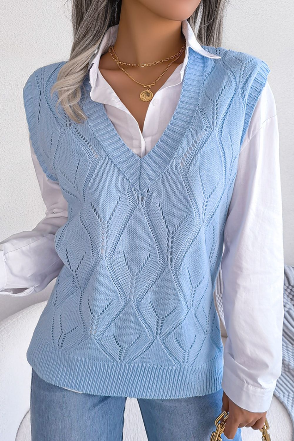 Openwork Ribbed Trim Sweater Vest - SHIRLYN.CO