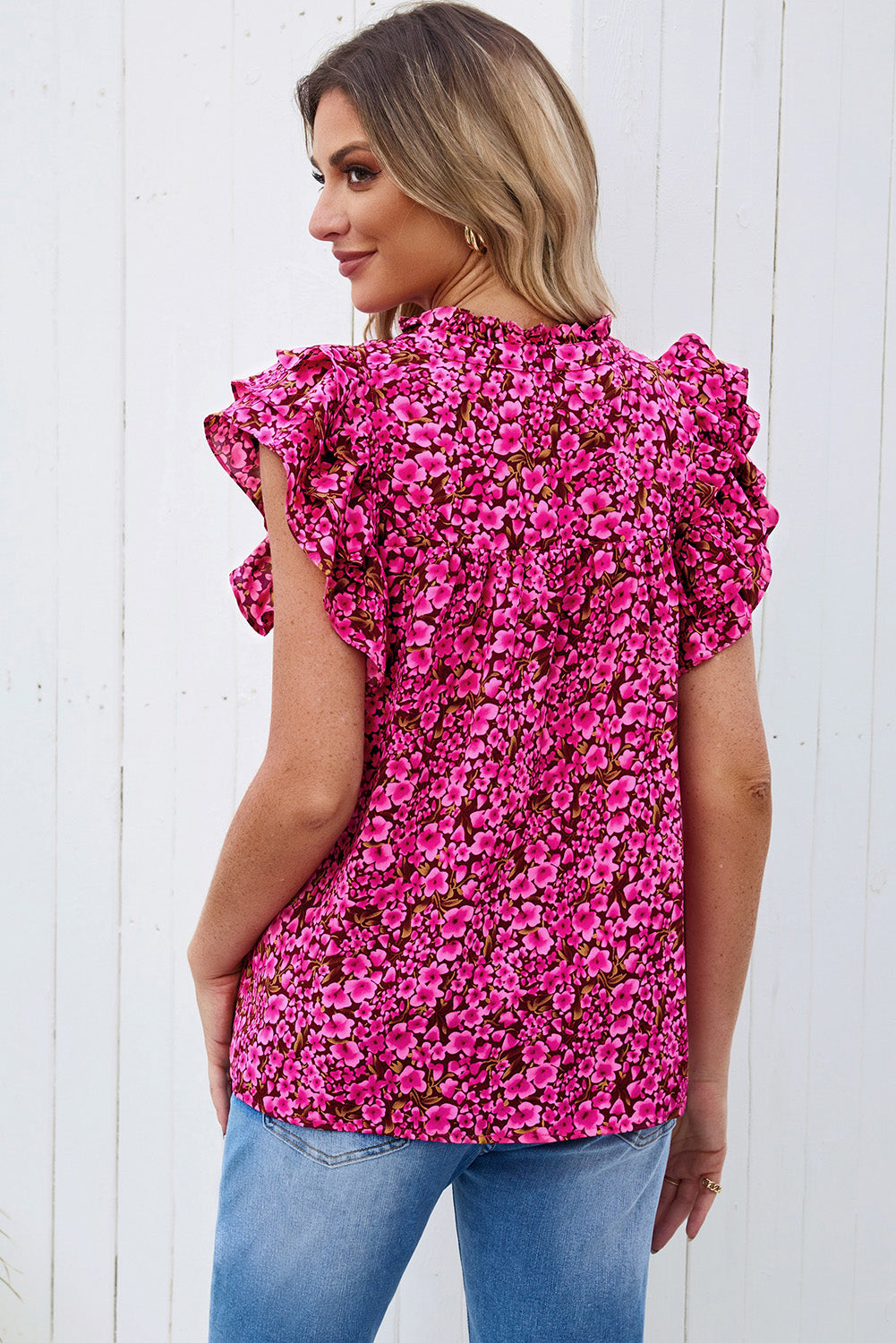 Floral Flutter Sleeve Notched Neck Blouse - SHIRLYN.CO