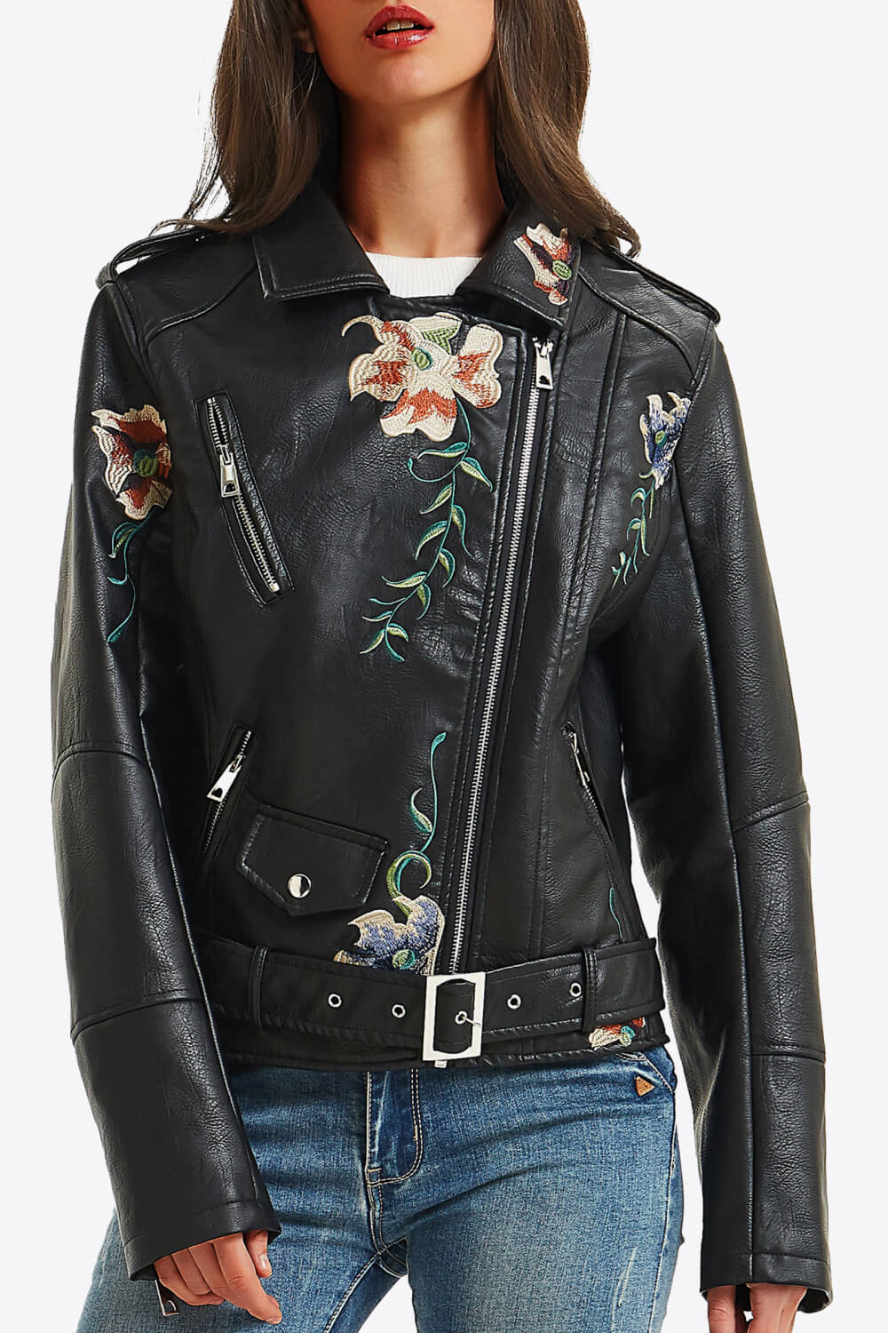 Embroidered Zip Up PU Leather Jacket - SHIRLYN.CO