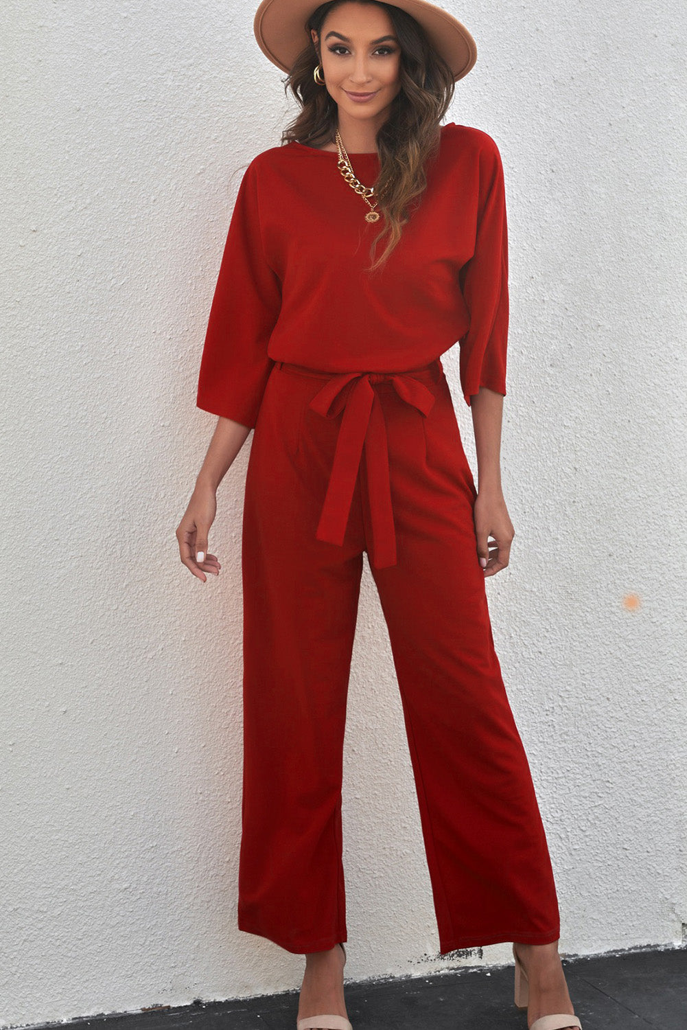 Belted Three-Quarter Sleeve Jumpsuit - SHIRLYN.CO