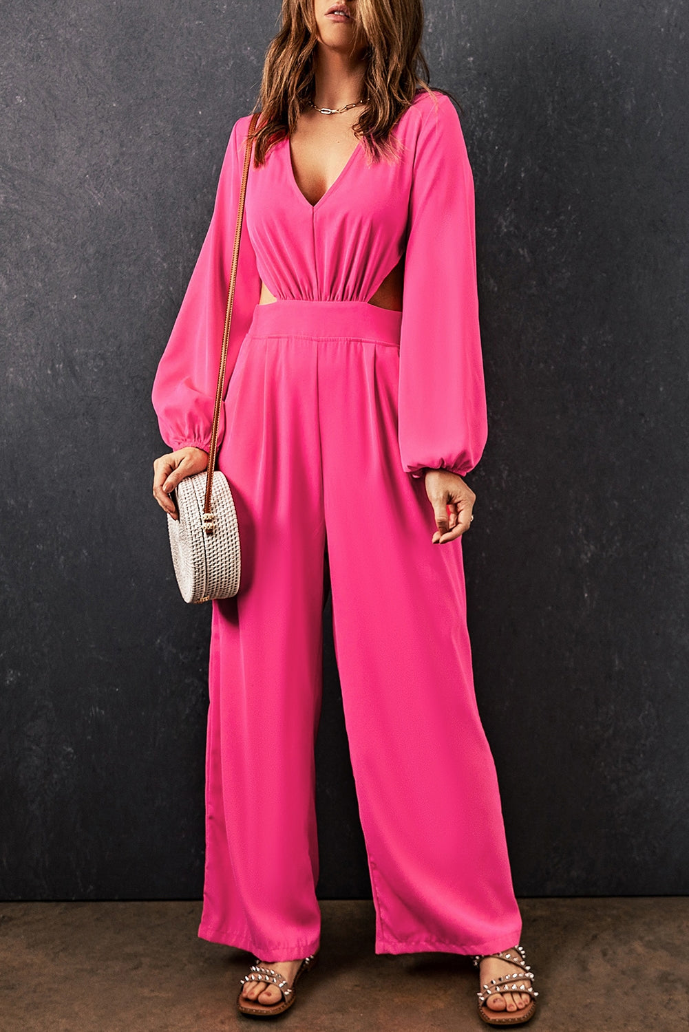 Balloon Sleeve Cutout Plunge Jumpsuit - SHIRLYN.CO