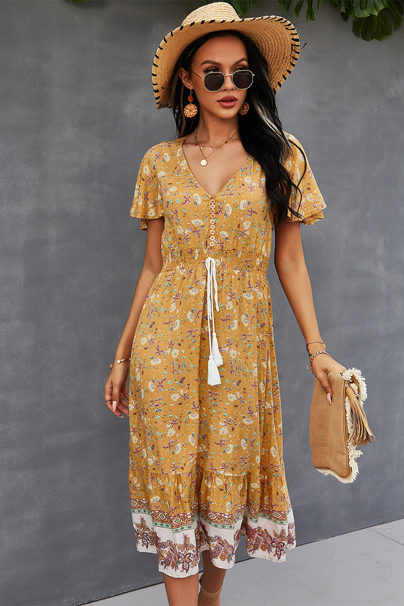 Bohemian V-Neck Flutter Sleeve Dress - SHIRLYN.CO