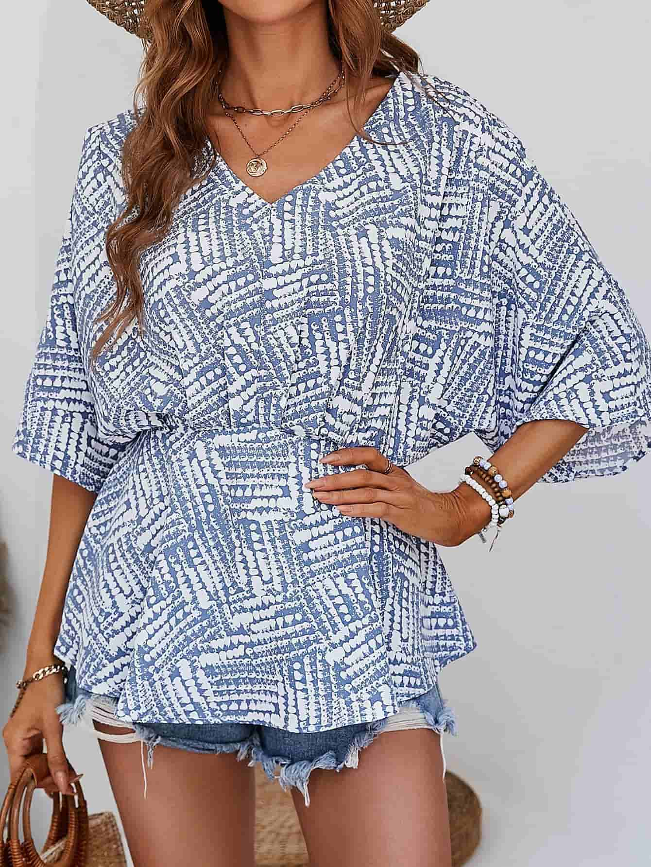 Printed V-Neck Dolman Sleeve Blouse - SHIRLYN.CO