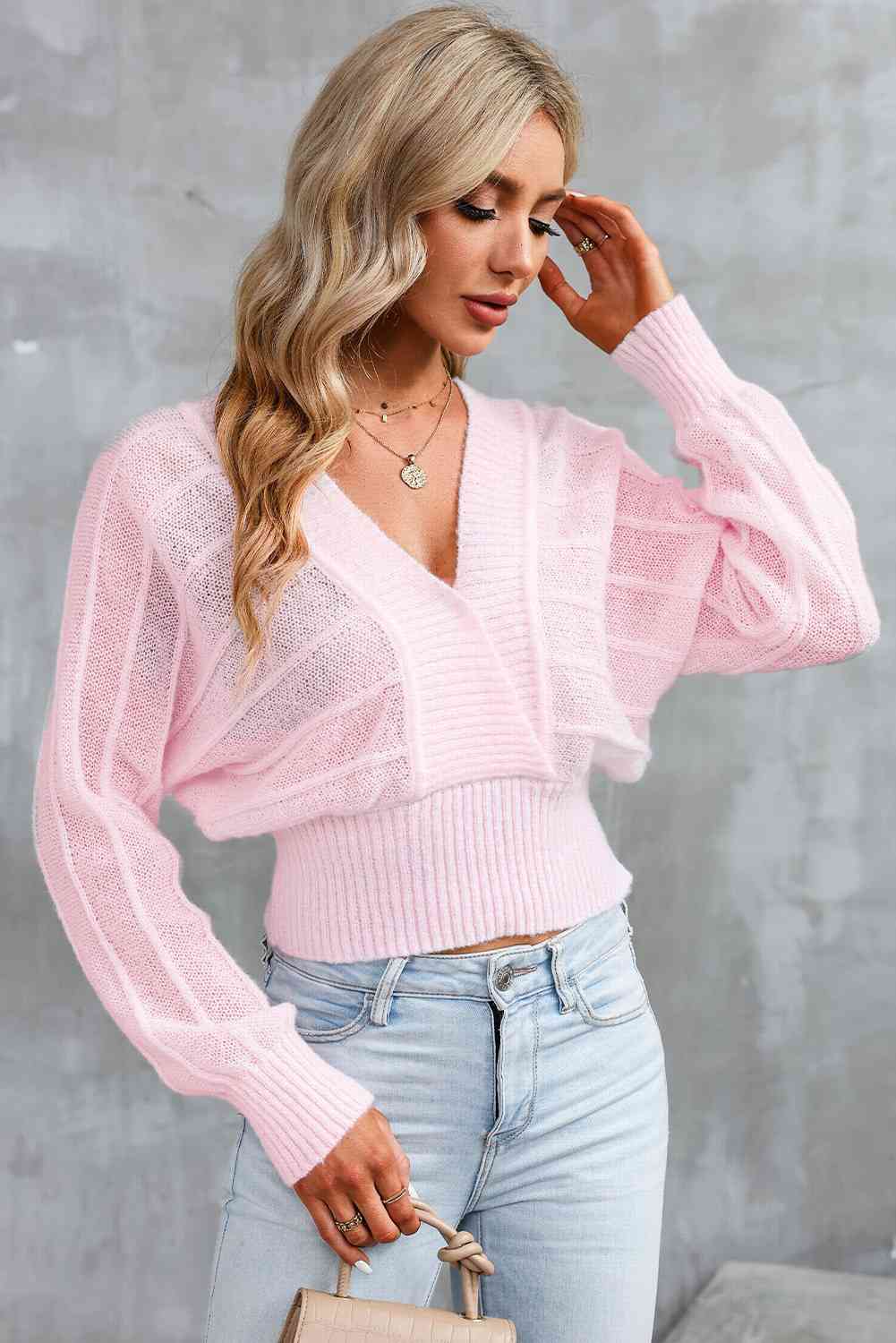 Surplice Neck Lace-Up Sweater