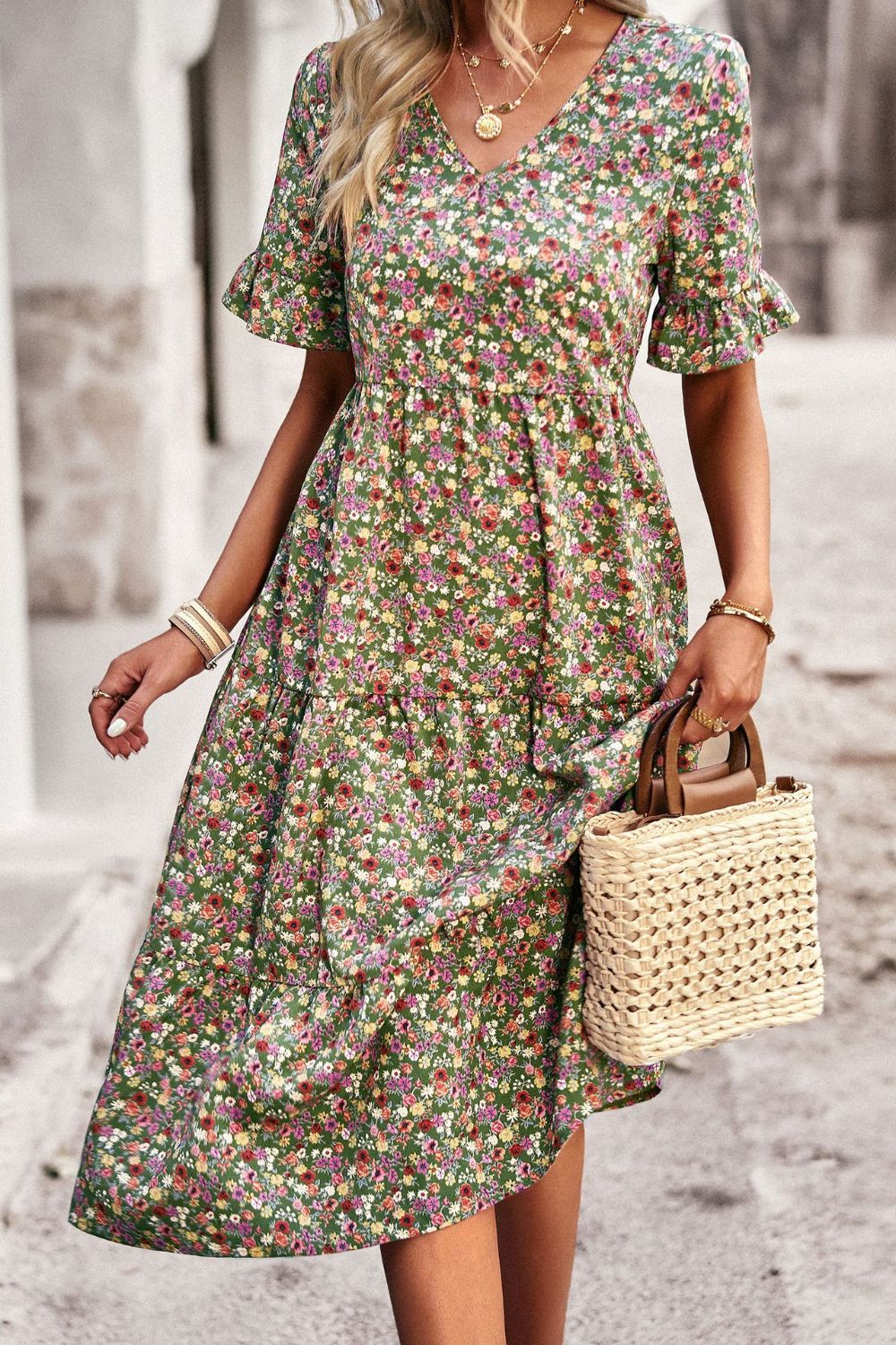 Floral V-Neck Flounce Sleeve Midi Dress - SHIRLYN.CO