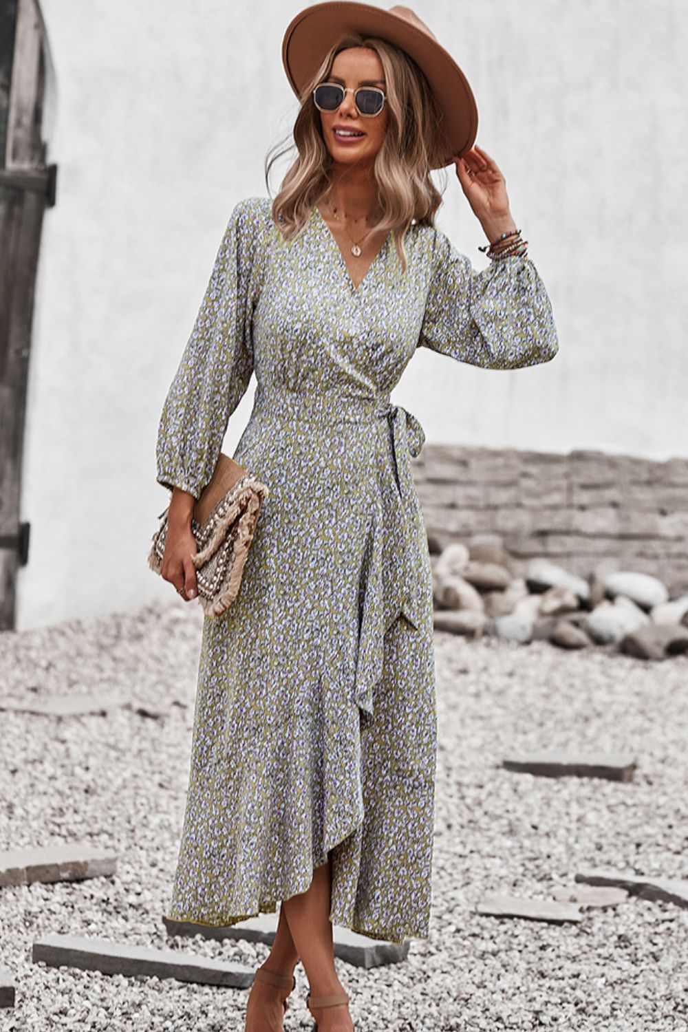 Floral Surplice Neck Long Sleeve Dress - SHIRLYN.CO