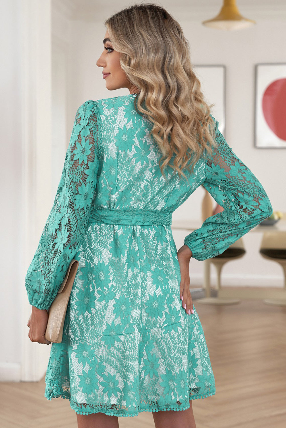 Pompom Trim Puff Sleeve Belted Lace Dress - SHIRLYN.CO