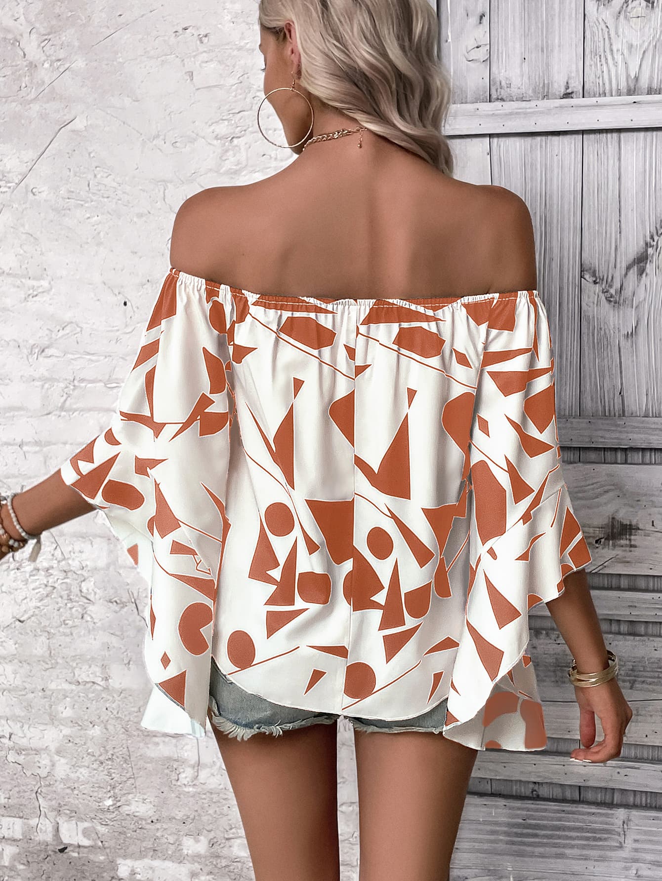 Printed Off-Shoulder Bell Sleeve Blouse - SHIRLYN.CO