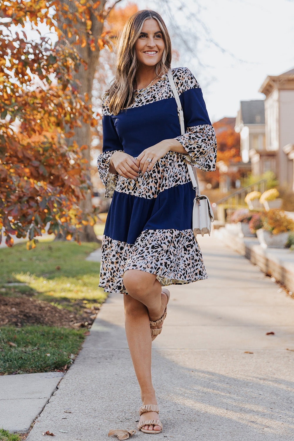 Animal Print Color Block Flare Sleeve Dress - SHIRLYN.CO