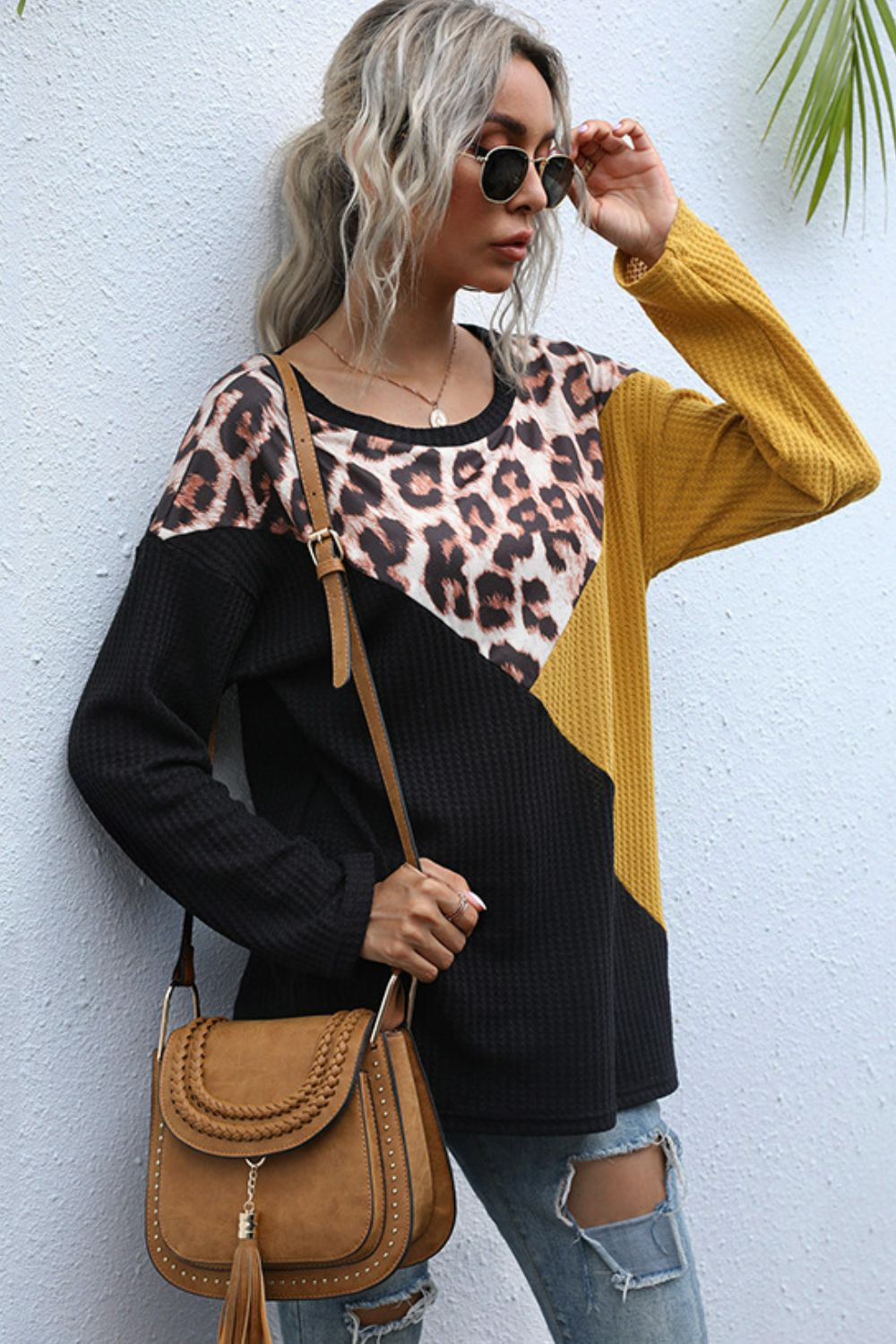 Leopard Color Block Waffle-Knit Top - SHIRLYN.CO