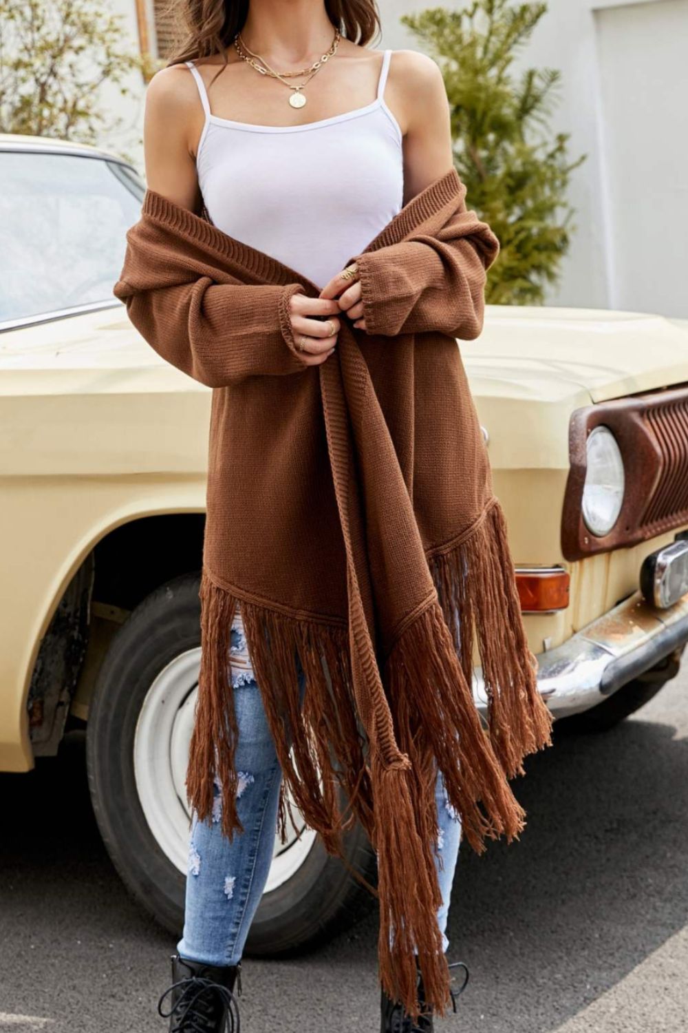 Fringe Hem Open Front Ribbed Trim Cardigan - SHIRLYN.CO