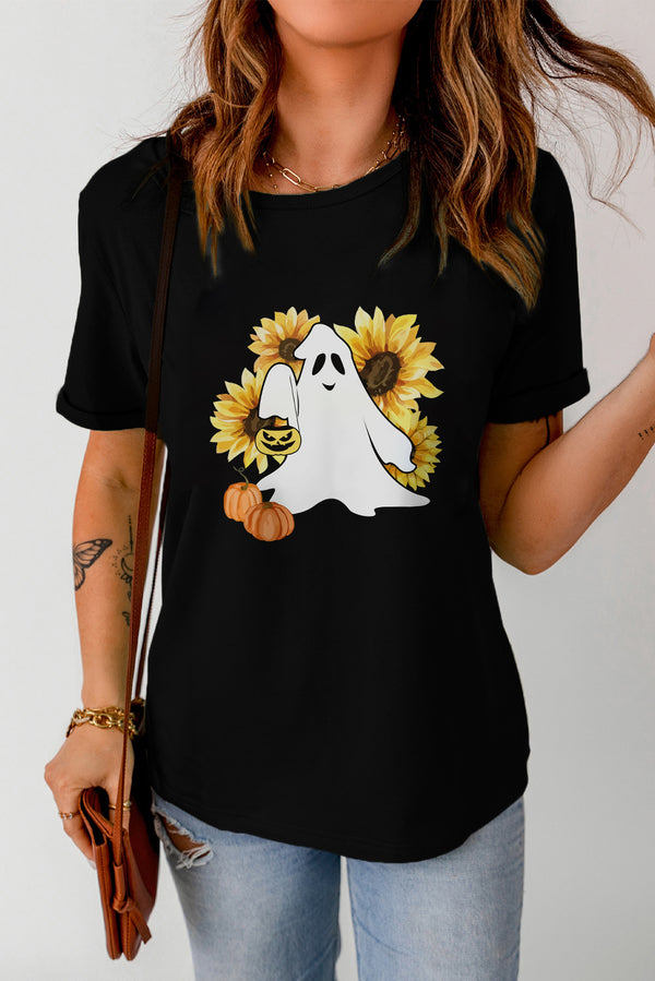 Halloween Floral Ghost Graphic Tee Shirt - SHIRLYN.CO
