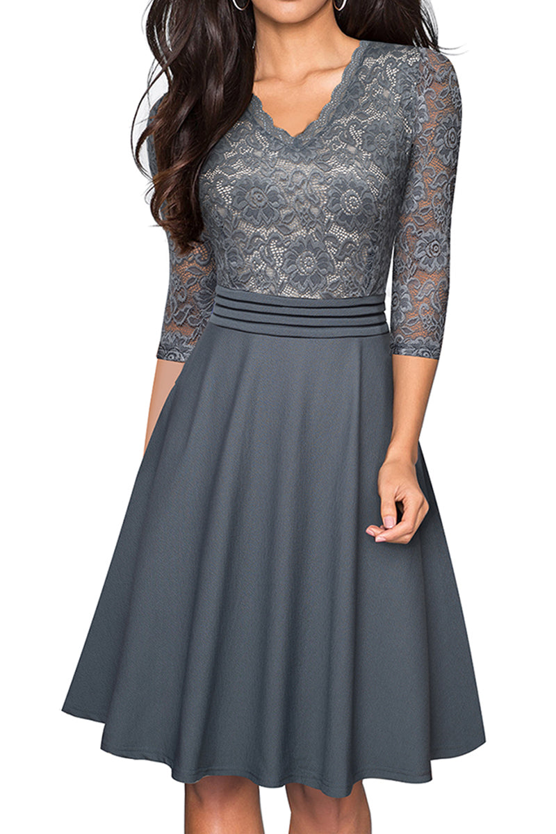 Editor's Choice: Shirlyn's Elegance in Lace: V-Neck Knee-Length Dress with Delicate Details