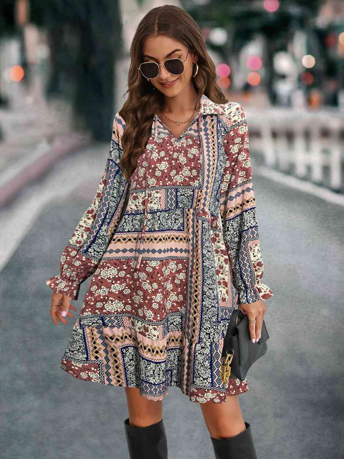 Printed Tie Front Flounce Sleeve Dress