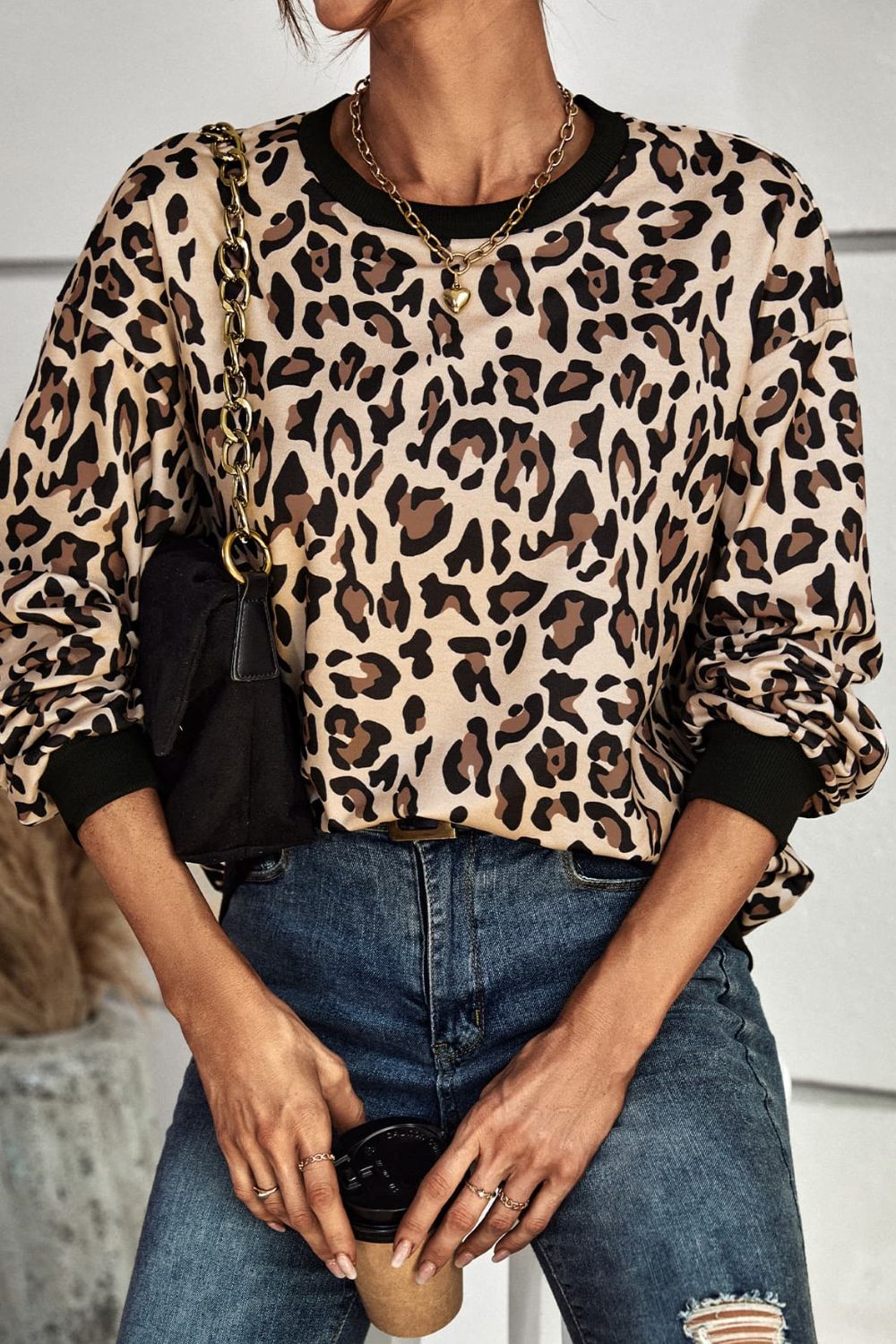 Leopard Round Neck Dropped Shoulder Sweatshirt - SHIRLYN.CO