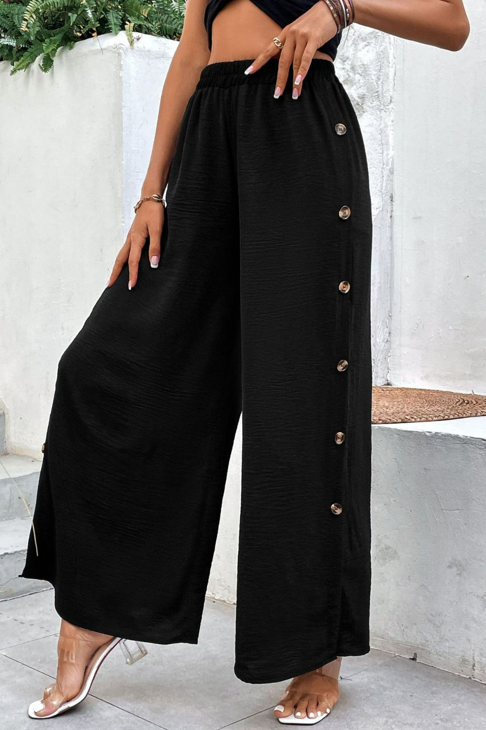 Button Detail Elastic Waist Wide Leg Pants - SHIRLYN.CO