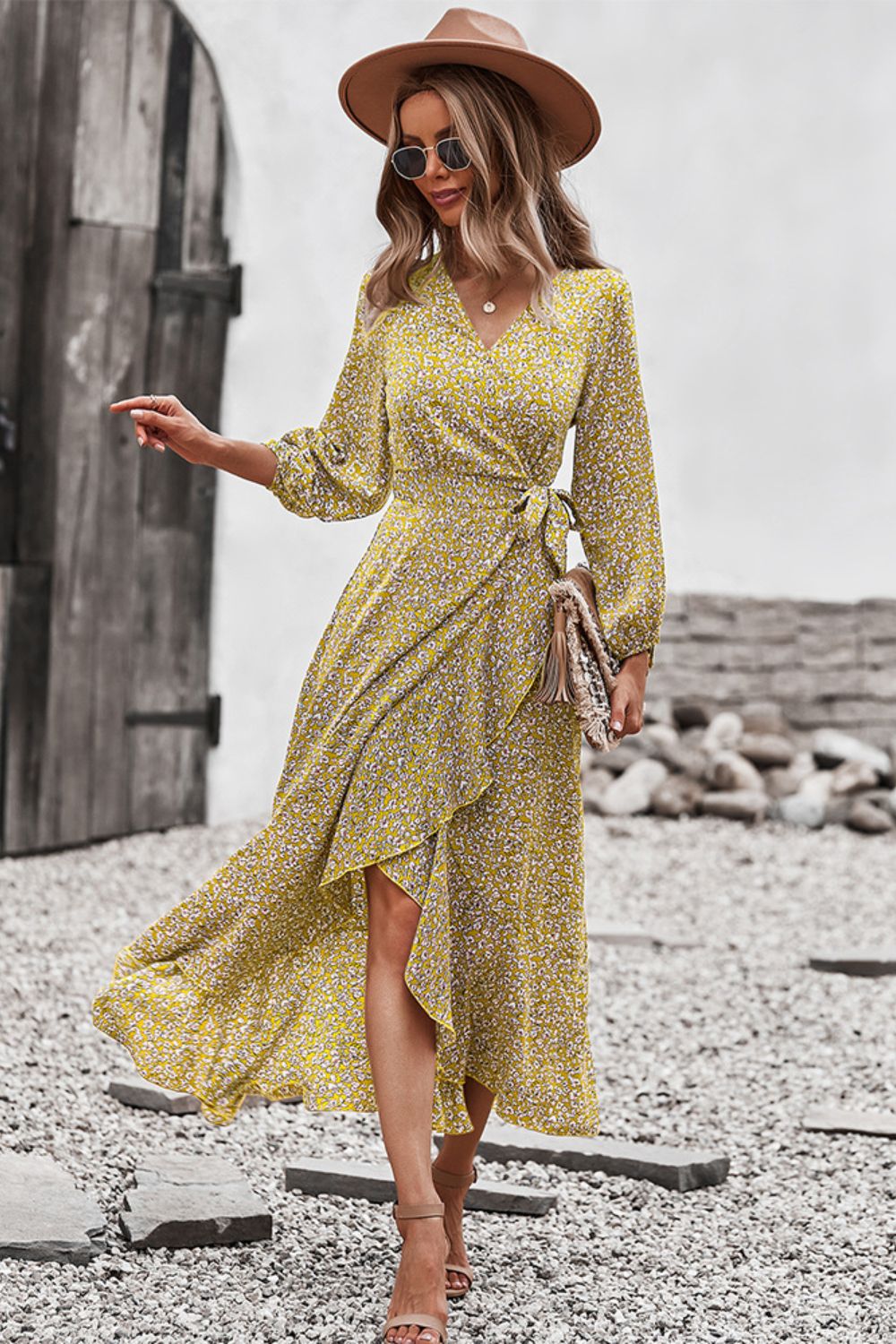 Floral Surplice Neck Long Sleeve Dress - SHIRLYN.CO