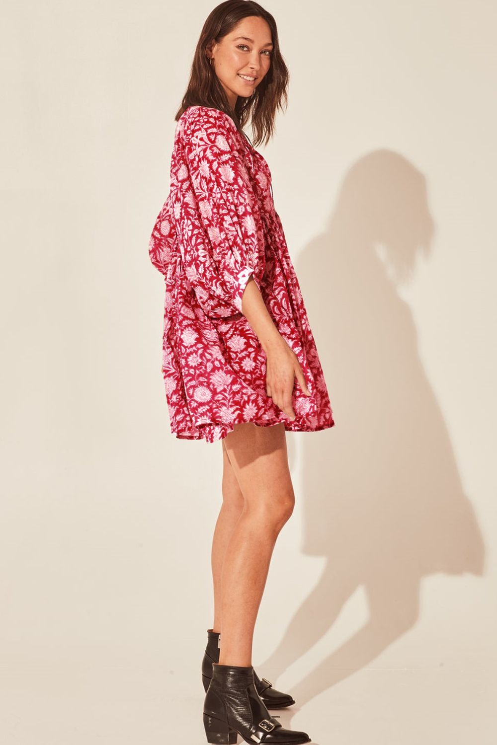 Floral Tie Neck Lantern Sleeve Dress - SHIRLYN.CO