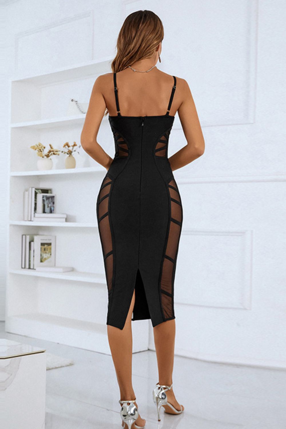 Spaghetti Strap Spliced Mesh Slit Back Dress - SHIRLYN.CO