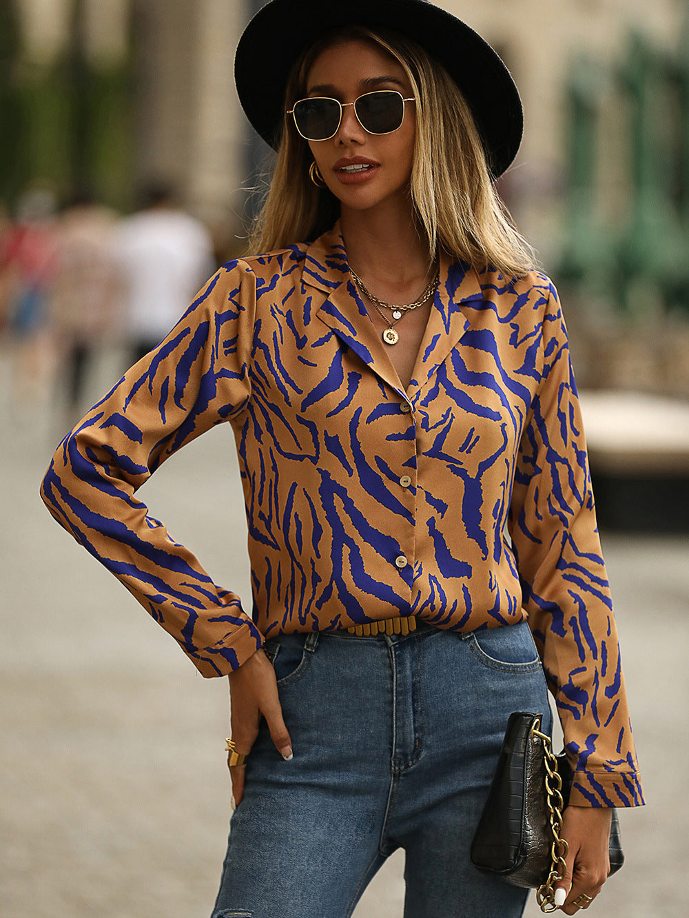 Animal Print Lapel Collar Satin Shirt - SHIRLYN.CO