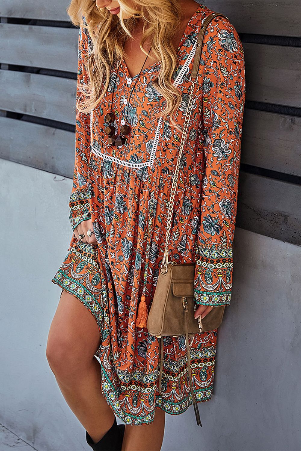 Bohemian Print V-Neck Knee Length Dress - SHIRLYN.CO