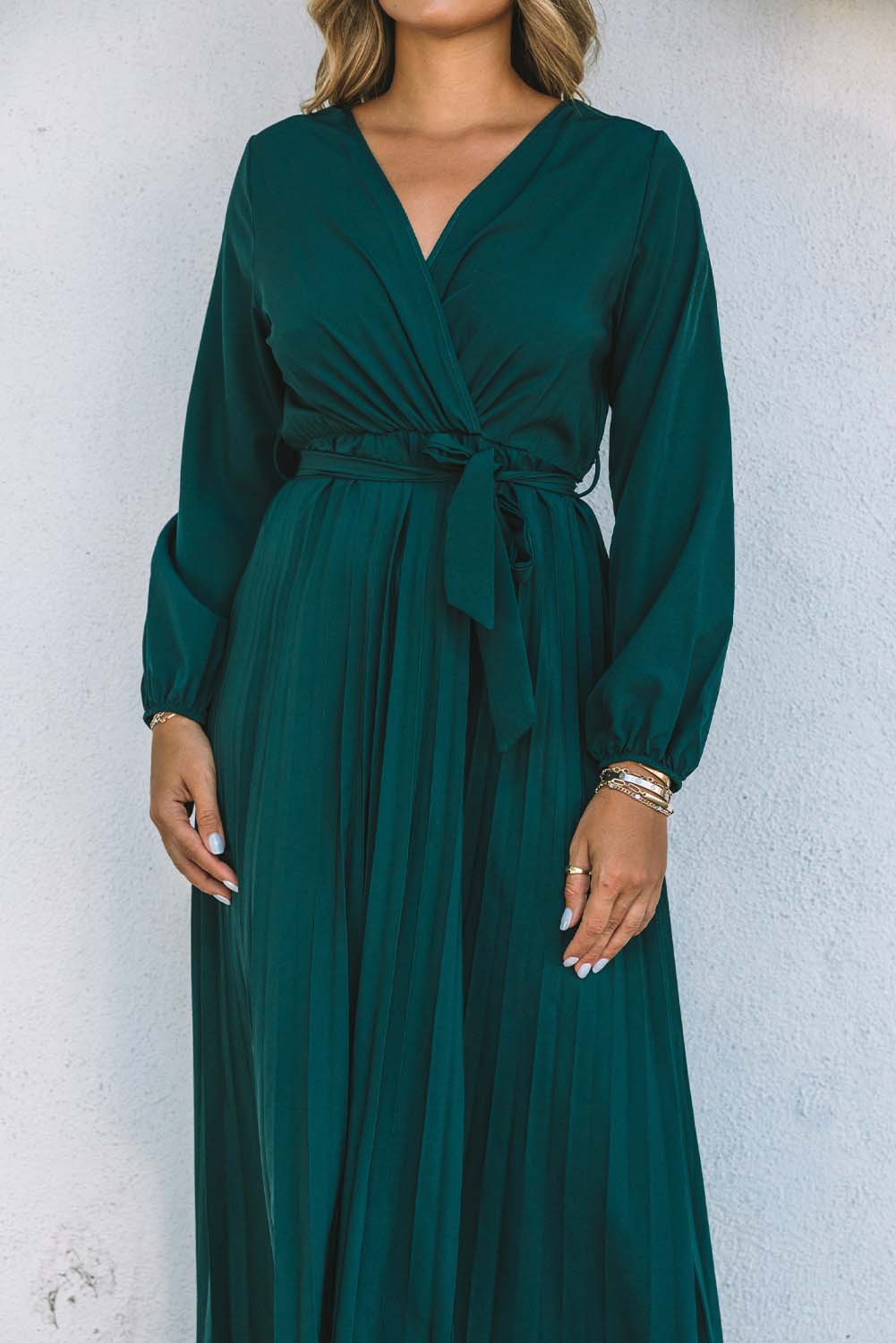 Belted Surplice Balloon Sleeve Pleated Dress - SHIRLYN.CO