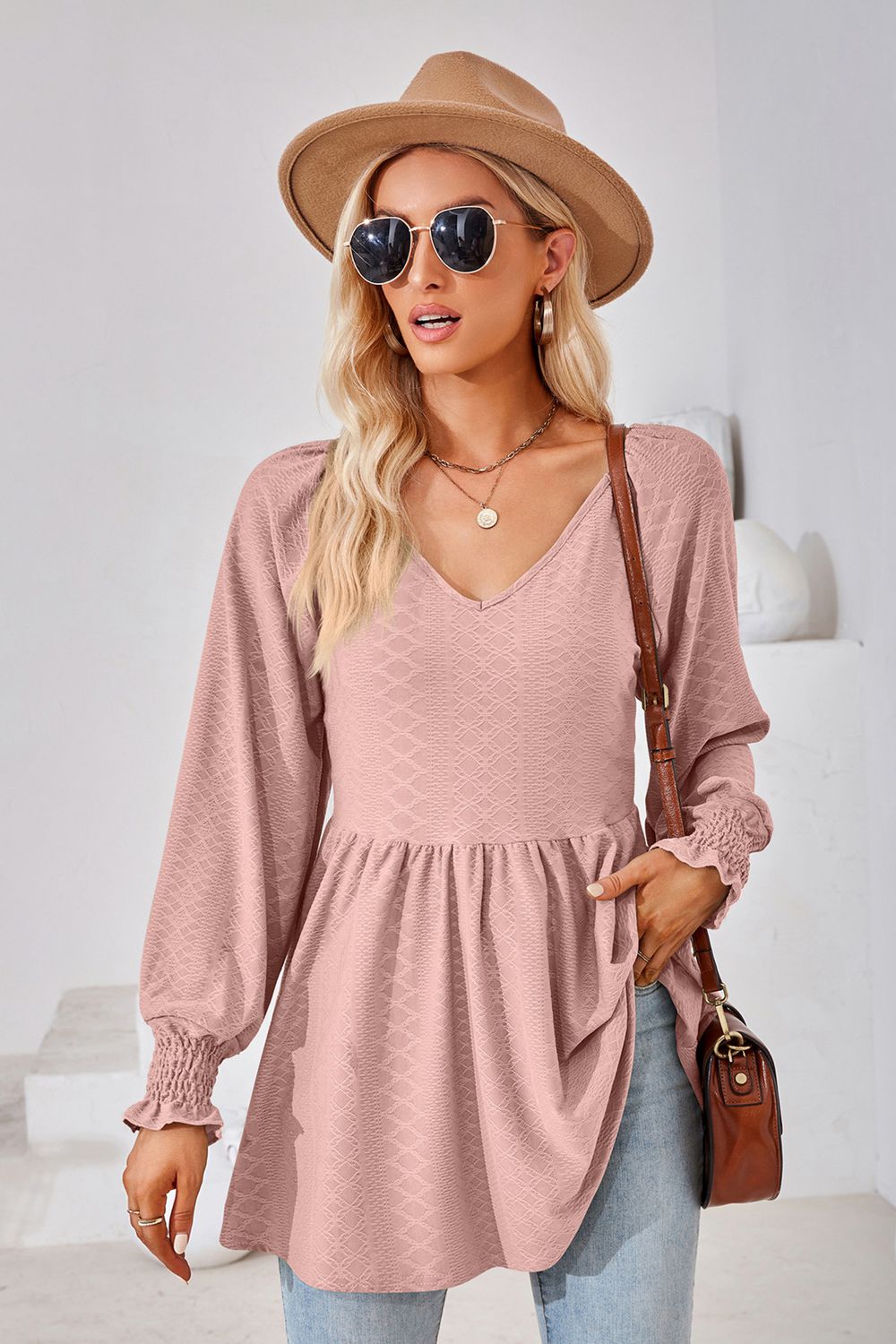 V-Neck Lantern Sleeve Blouse