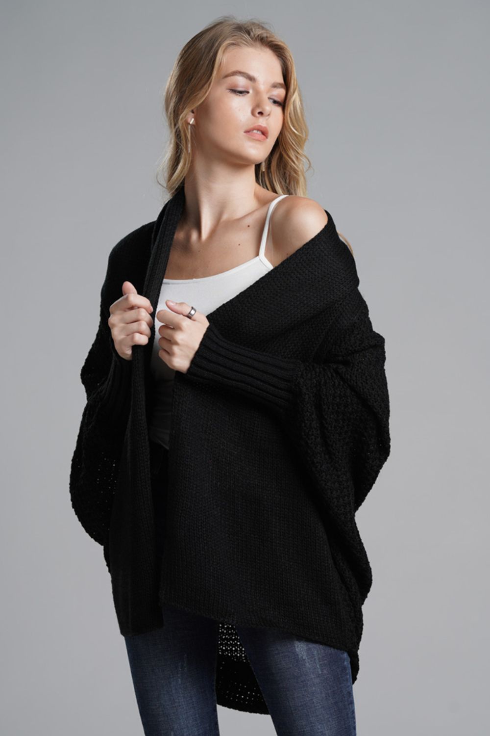 Dolman Sleeve Open Front Ribbed Trim Longline Cardigan - SHIRLYN.CO