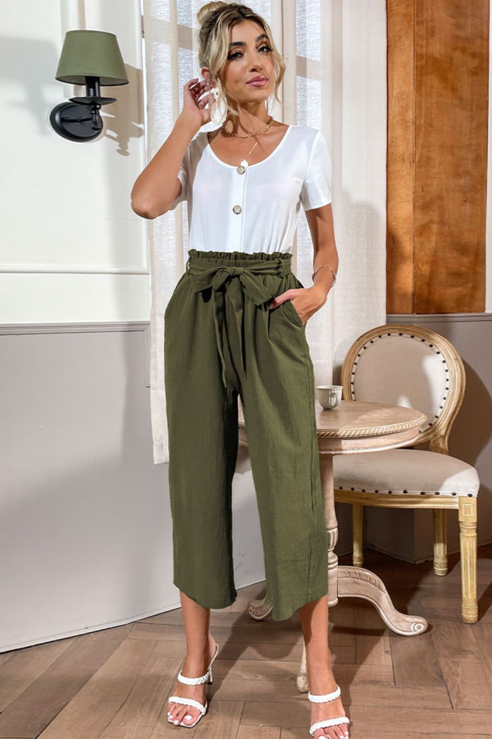 Round Neck Short Sleeve Top and Belted Pants Set - SHIRLYN.CO