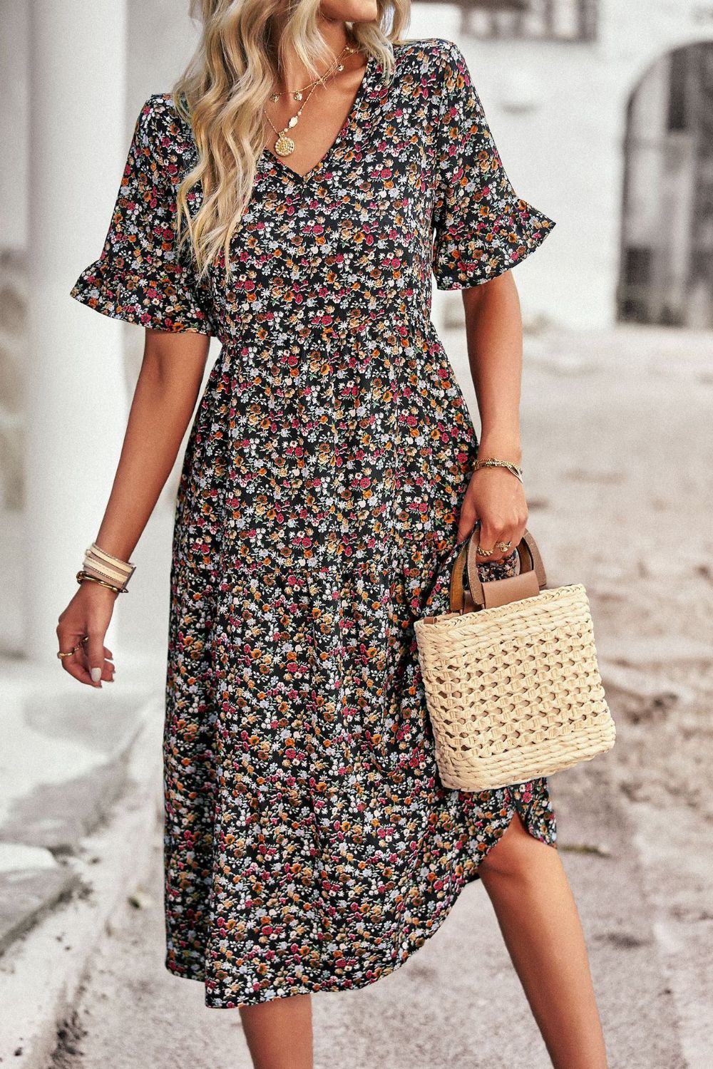 Floral V-Neck Flounce Sleeve Midi Dress - SHIRLYN.CO