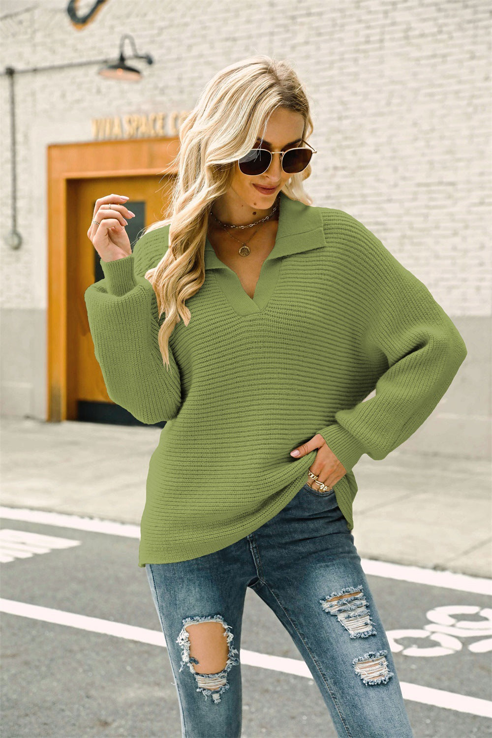 Double Take Horizontal Ribbing Johnny Collar Sweater