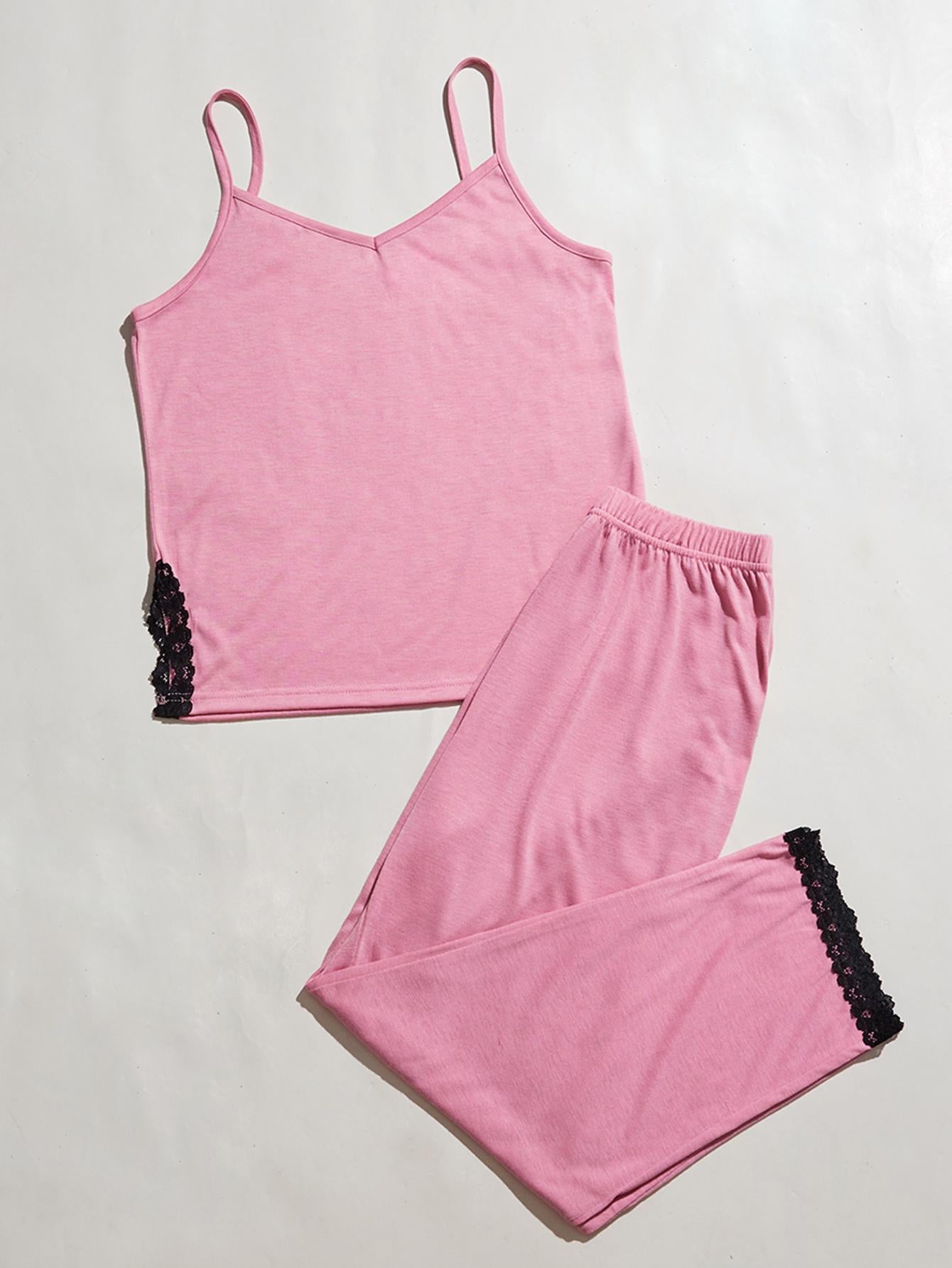 V-Neck Lace Trim Slit Cami and Pants Pajama Set - SHIRLYN.CO